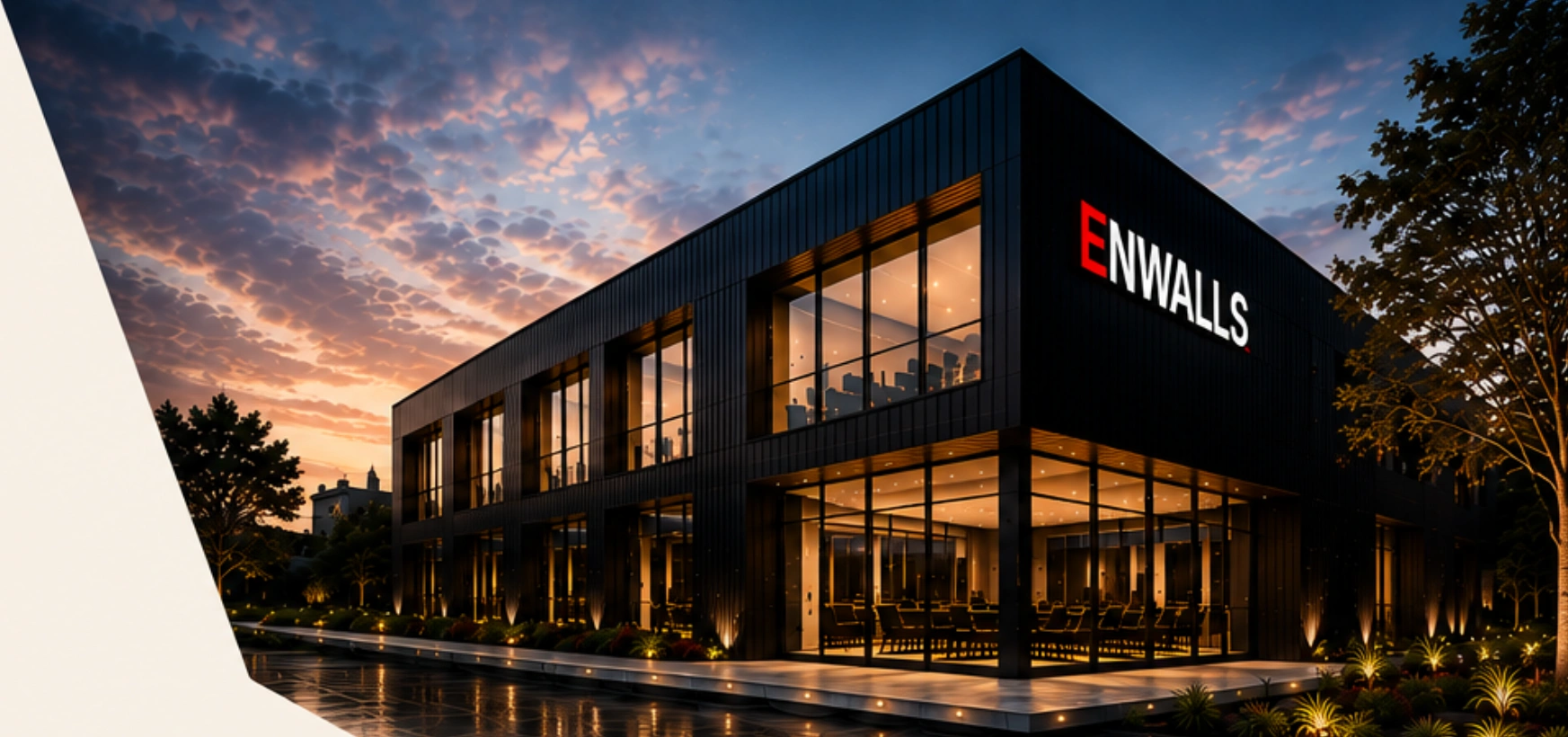 Enwalls headquarters illuminated at dusk